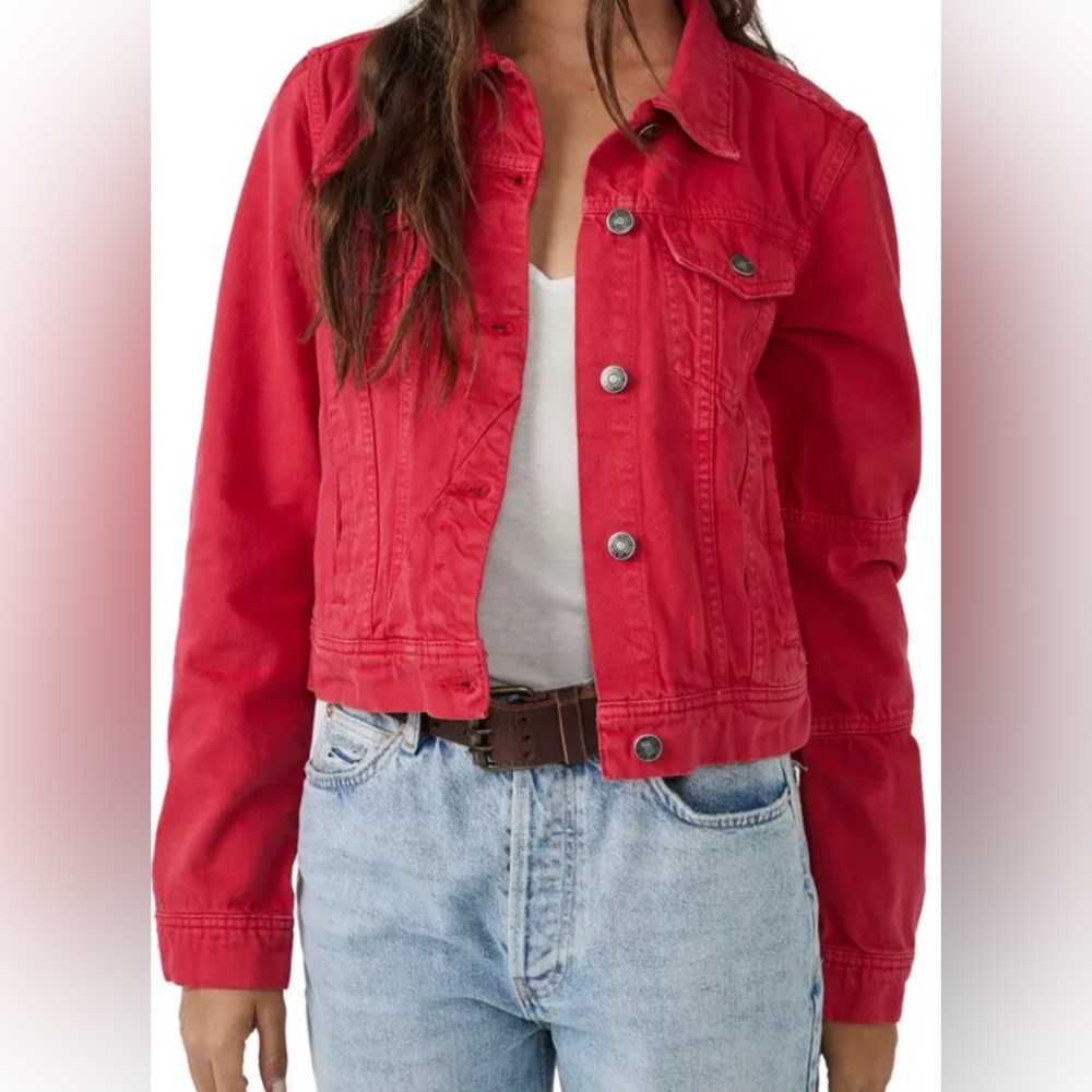 Free People Rumors Denim Jacket in Red
